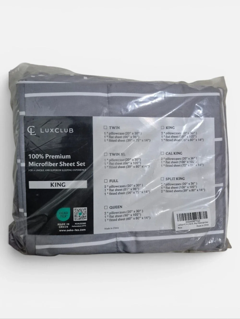 LuxClub 100% Premium Microfiber King Sheet Set - Gray w/white Stripes
